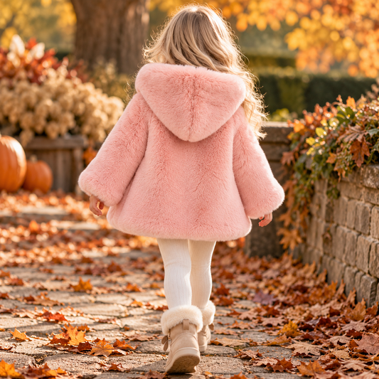Girls pink faux fur hooded coat on child, hood up, rear view with flared hem