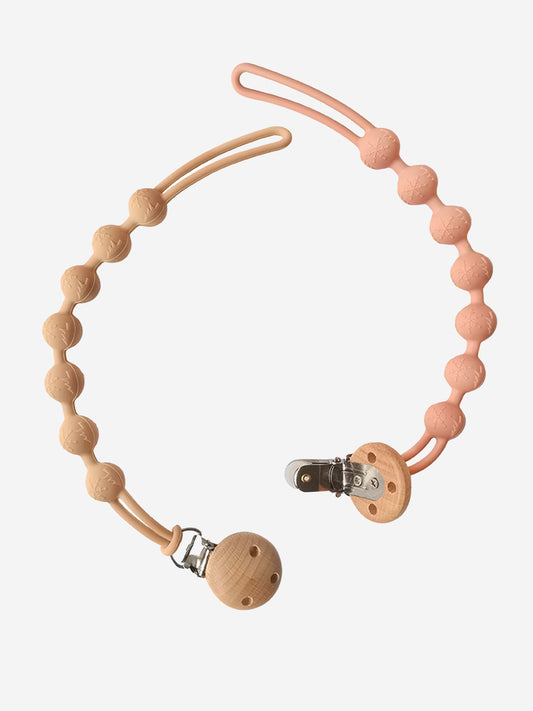 Baby pacifier clip with silicone teether beads and round wooden clips