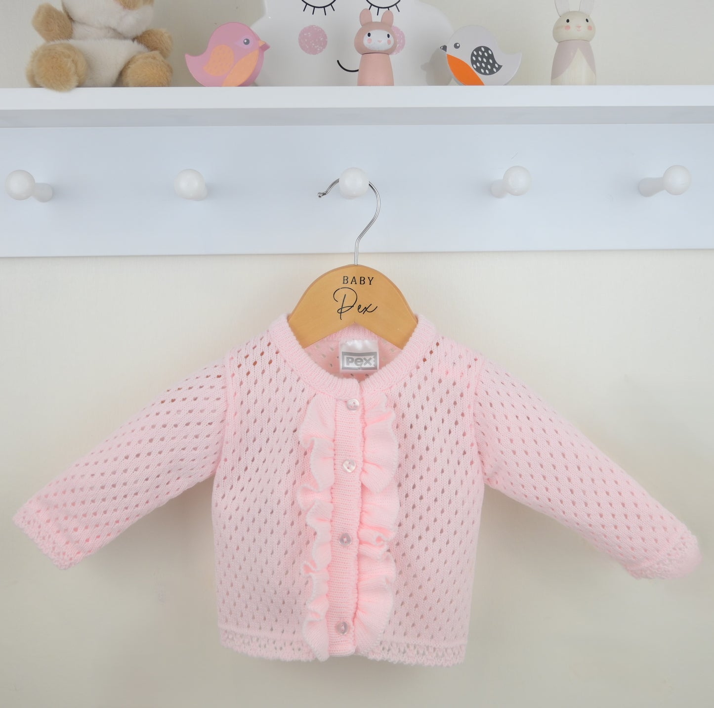 PEX Luella cardigan, pink knit with long sleeves and button front