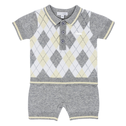 Blues Baby Boys Monza Collection Grey and Lemon Argyle Knitted Two Piece