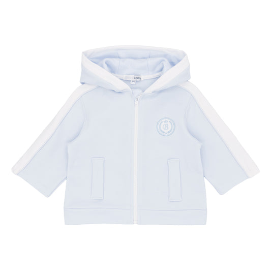 Light blue baby jacket with white hood on a white background