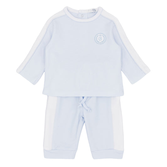 Blues Baby Light blue baby outfit with long-sleeve top and pants on a white background