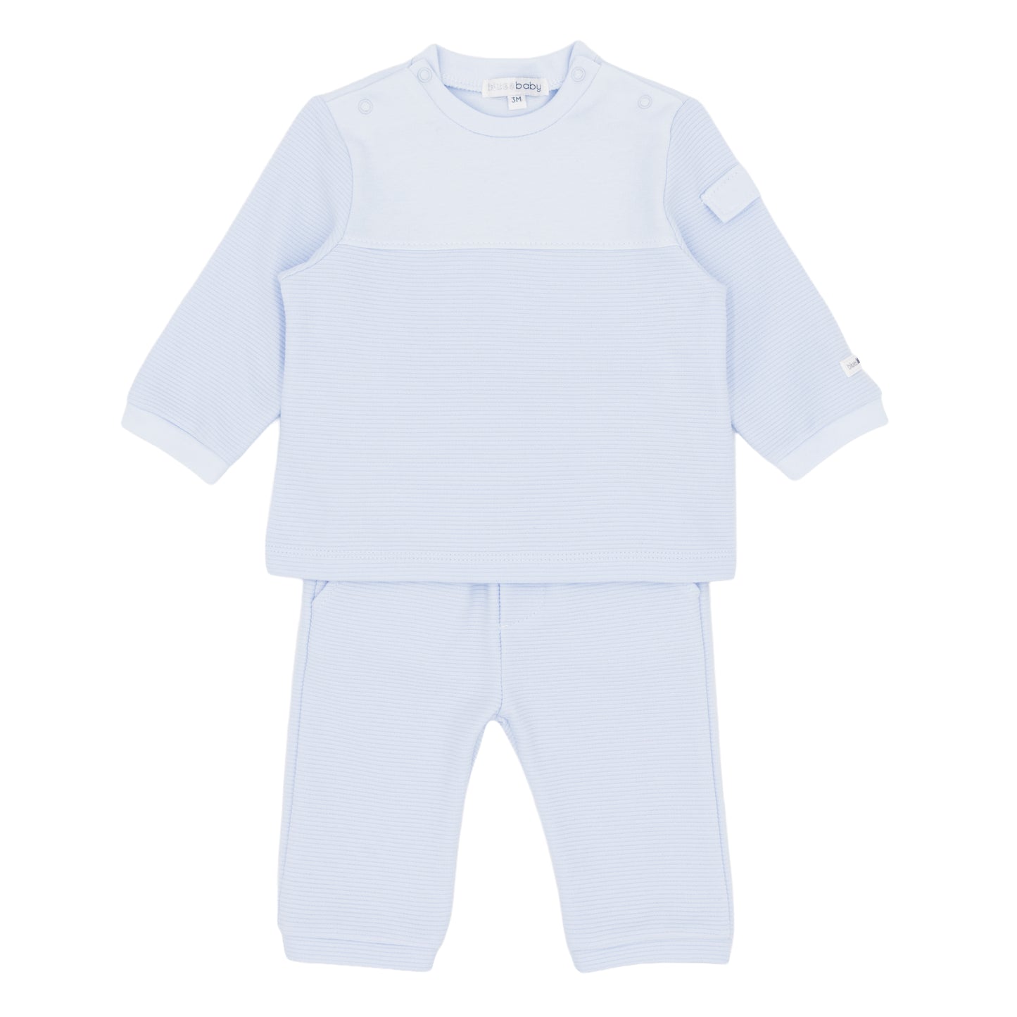 Light blue baby outfit with shirt and pants on a white background