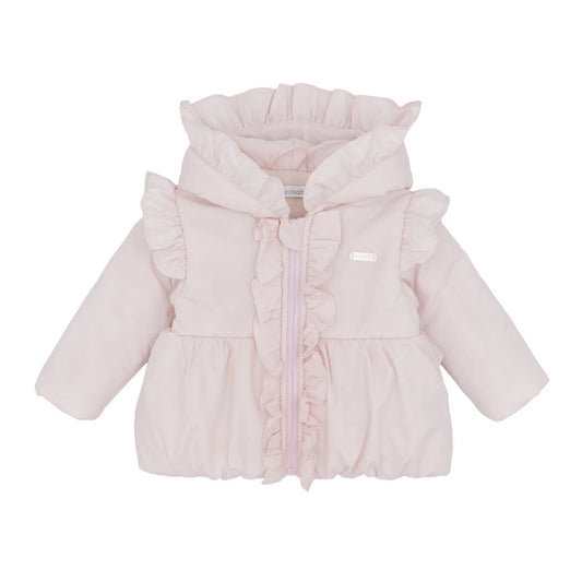 Girls pink puffer jacket with ruffled hood and zip front
