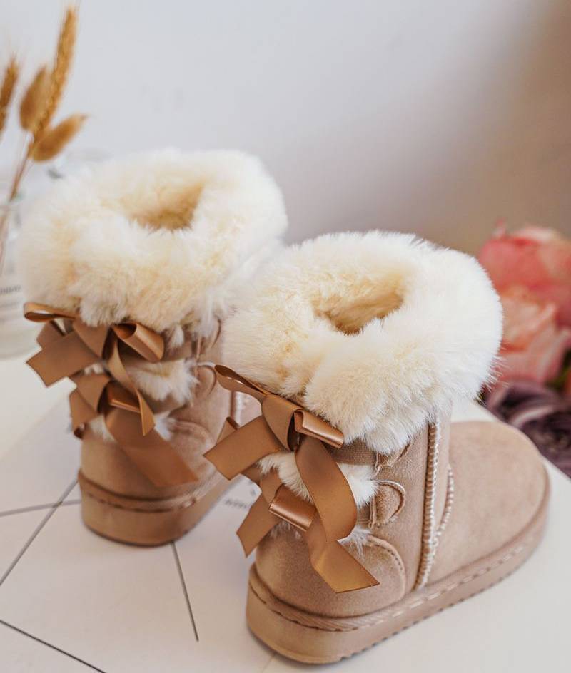 Beige Bow Sheepskin Suede Boots