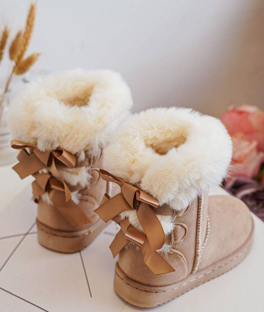 Beige Bow Sheepskin Suede Boots