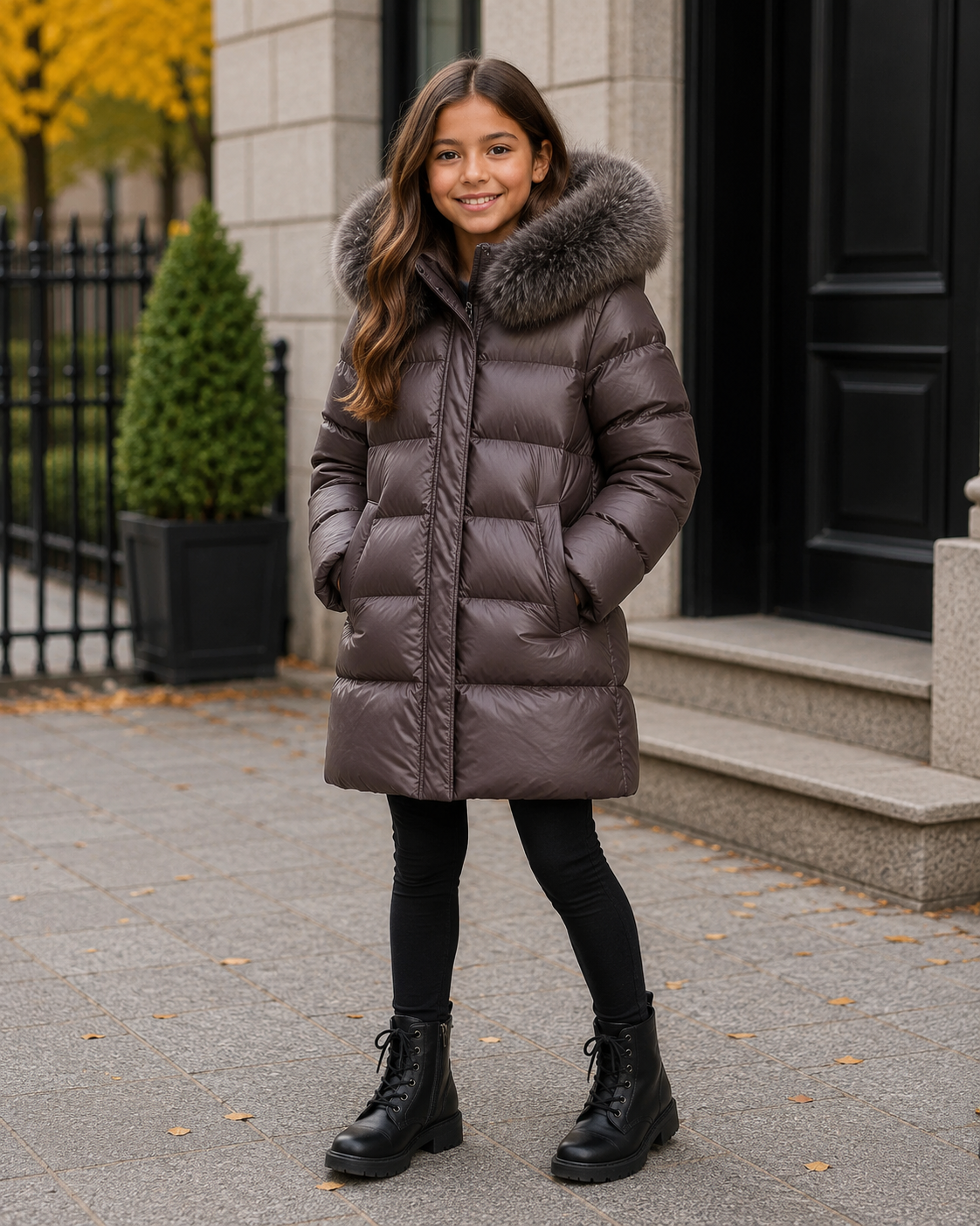Girls Luxury 90% Duck Down Long Puffer Coat with Fur Hood | Brown/Grey | 2–12 Years