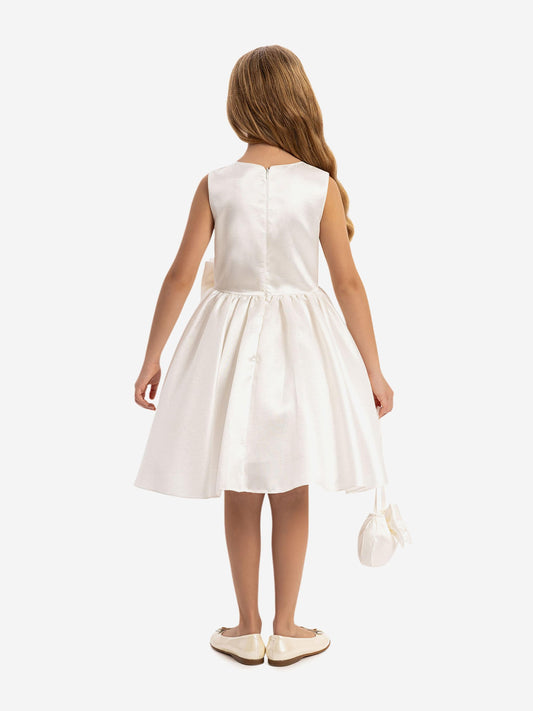 Back view: white satin dress with pleated skirt and waist bow, with mini bag
