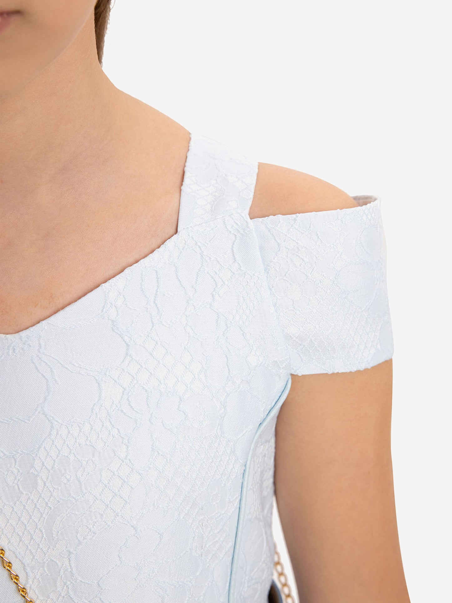 Girls off-shoulder blue textured dress with short sleeves and neckline detail