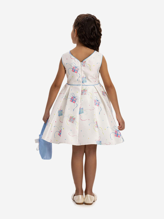 Back view girls’ party dress in light cream with colorful gift print and blue trim