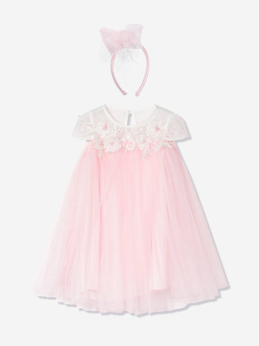 Pink girls occasion dress front: tulle skirt with embroidered floral yoke