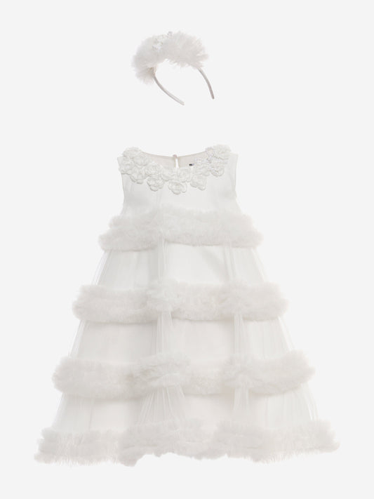 Ivory girls occasion dress with tiered ruffled skirt and matching feather headband