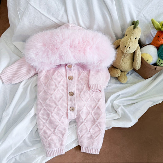 Pre-Order | Limited Stock | EvaBella Signature Faux Fur Knitted Pramsuit | Baby Pink