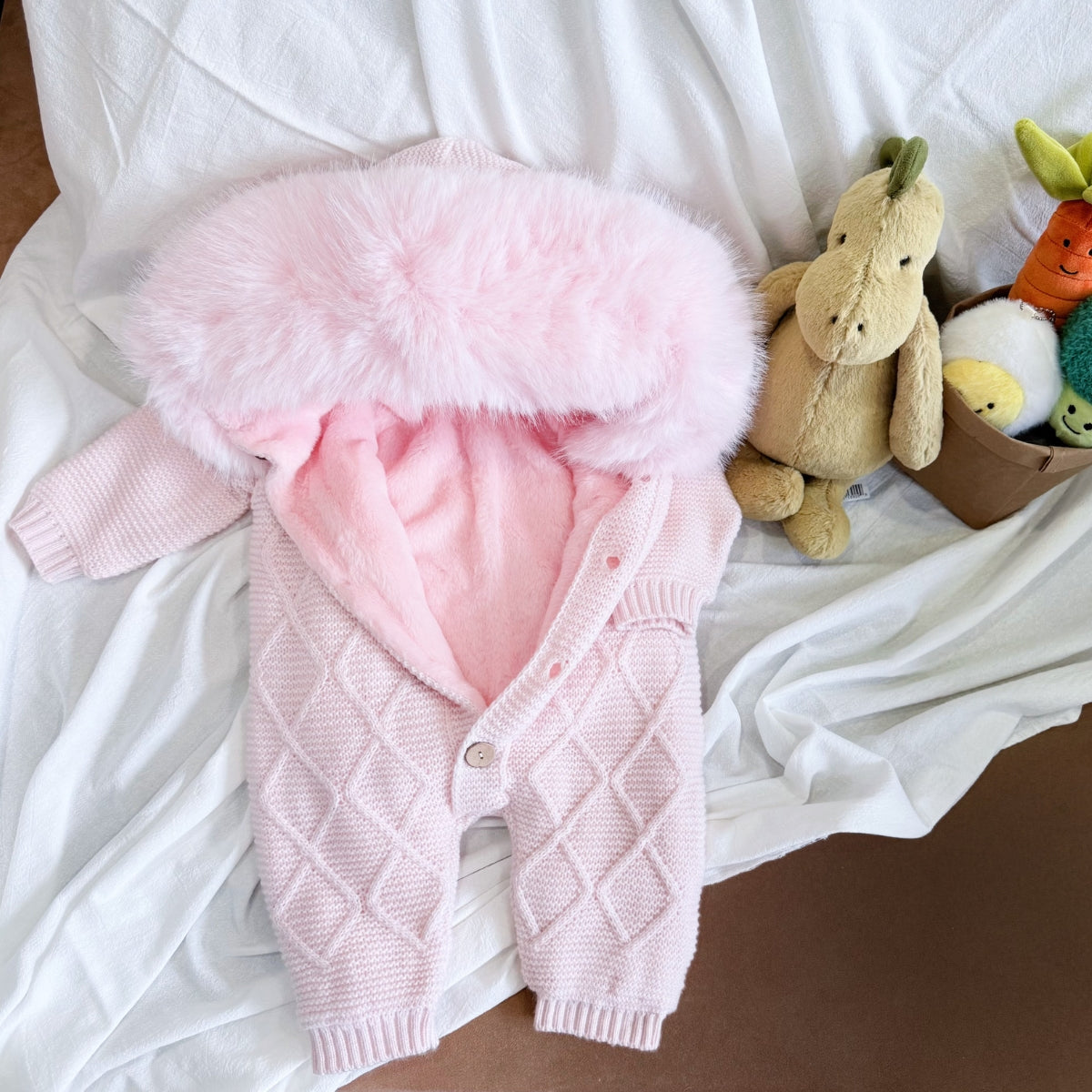 Pre-Order | Limited Stock | EvaBella Signature Faux Fur Knitted Pramsuit | Baby Pink