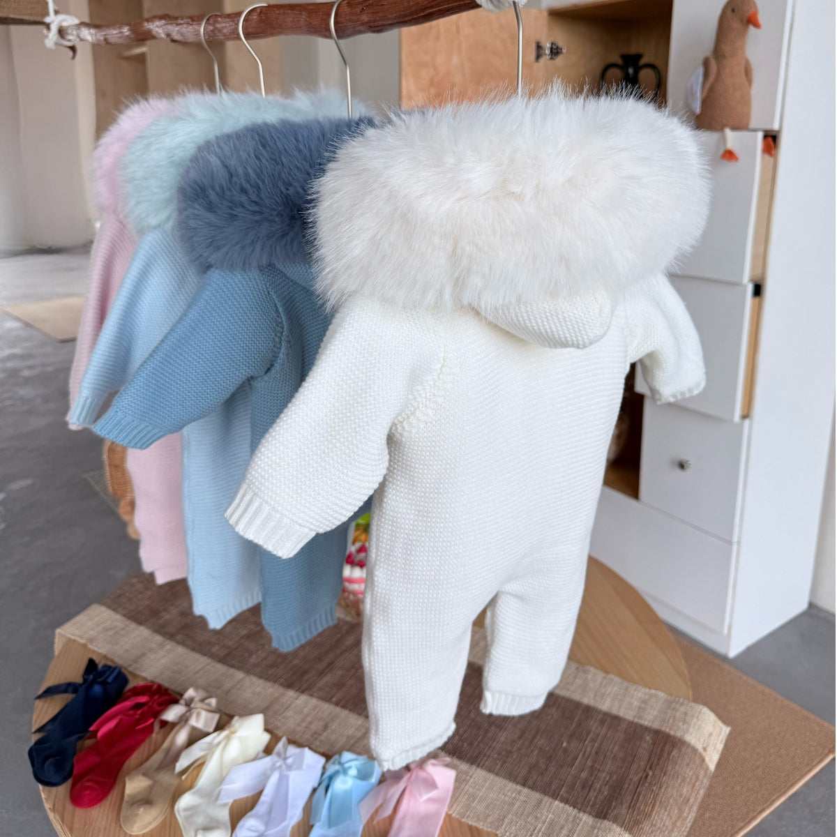 Pre-Order | Limited Stock | EvaBella Signature Faux Fur Knitted Pramsuit | Cream
