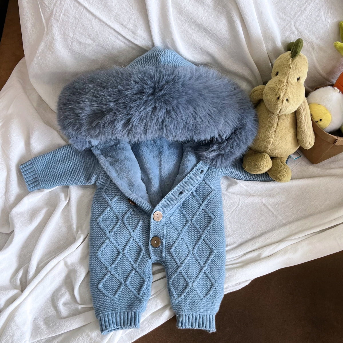 Pre-Order | Limited Stock | EvaBella Signature Faux Fur Knitted Pramsuit | Mountain Spring Blue