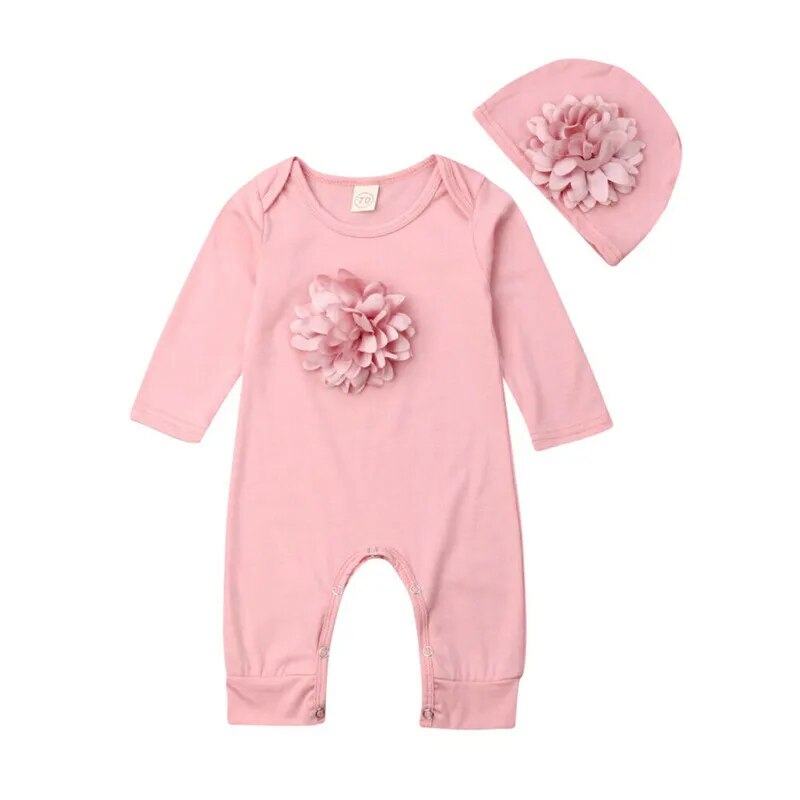 Baby Girl Plum Pink Floral Motif Romper and matching hat