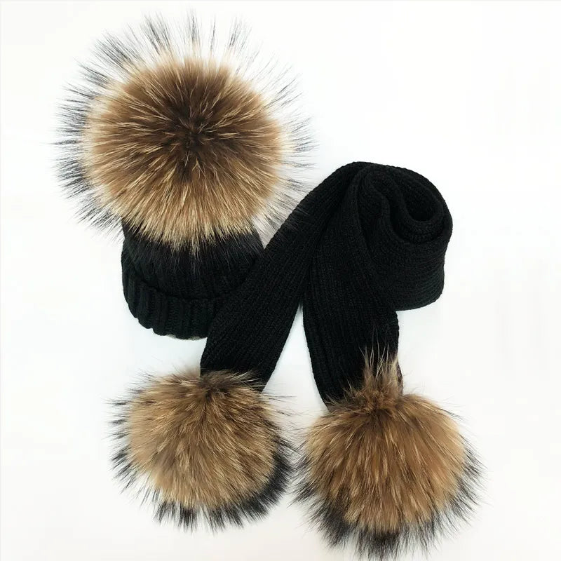 Pom Pom Hat & Scarf Set 3 Balls Black Racoon Fur