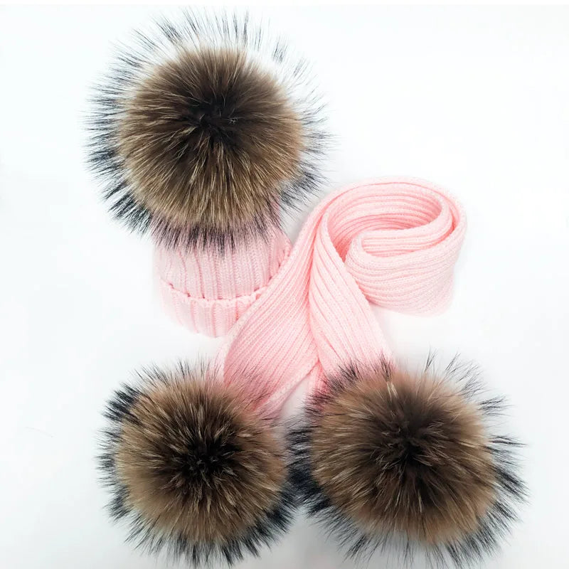 Pom Pom Hat & Scarf Set 3 Balls Baby Pink Racoon Fur