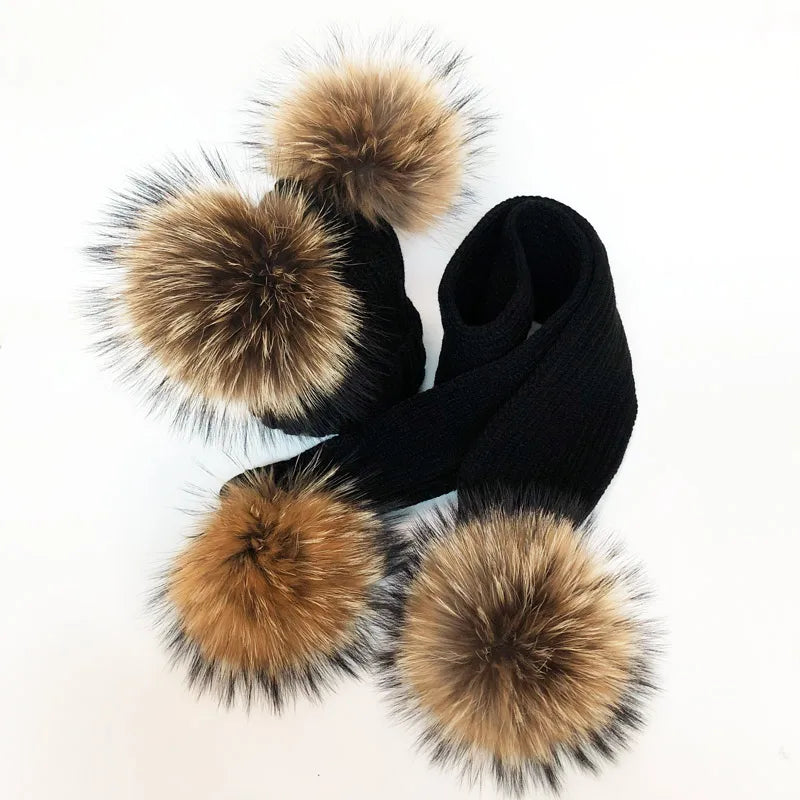Pom Pom Hat & Scarf Set 4 Balls Black Racoon Fur