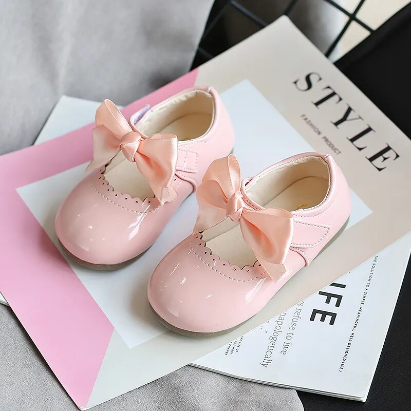 Girls Mary Jane Party Shoes with Satin Bow - Baby Pink
