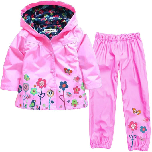 Girls Pink Floral Rain Mac and Pants *