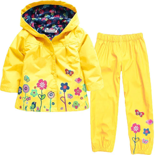 Girls Yellow Floral Rain Mac and Pants *