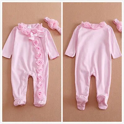 Baby Girl Pink Flower Romper and Mathcing Headband