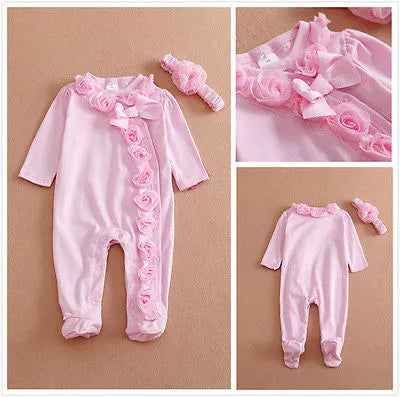 Baby Girl Pink Flower Romper and Mathcing Headband