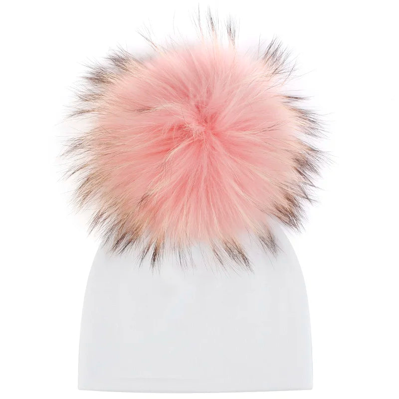Newborn First Size large Pom Pom Hat 'Real Fur'