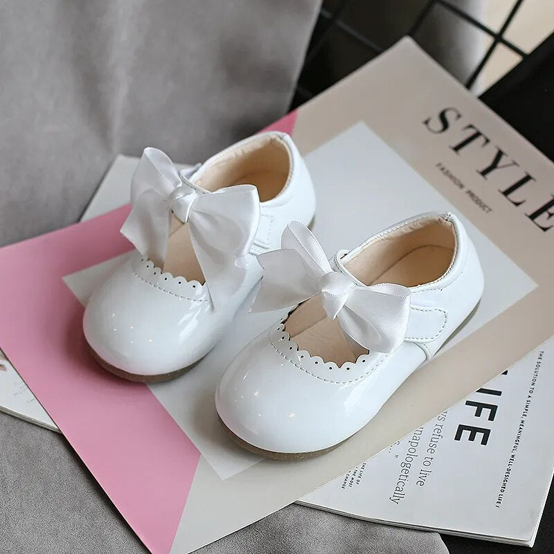 Girls Mary Jane Party Shoes with Satin Bow - White