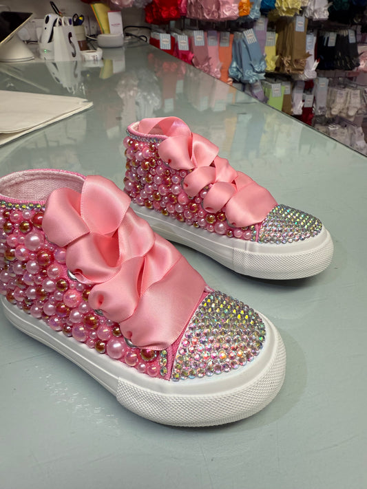 Dolly Bling Canvas Baseball Boots Fushia Pearls white sole