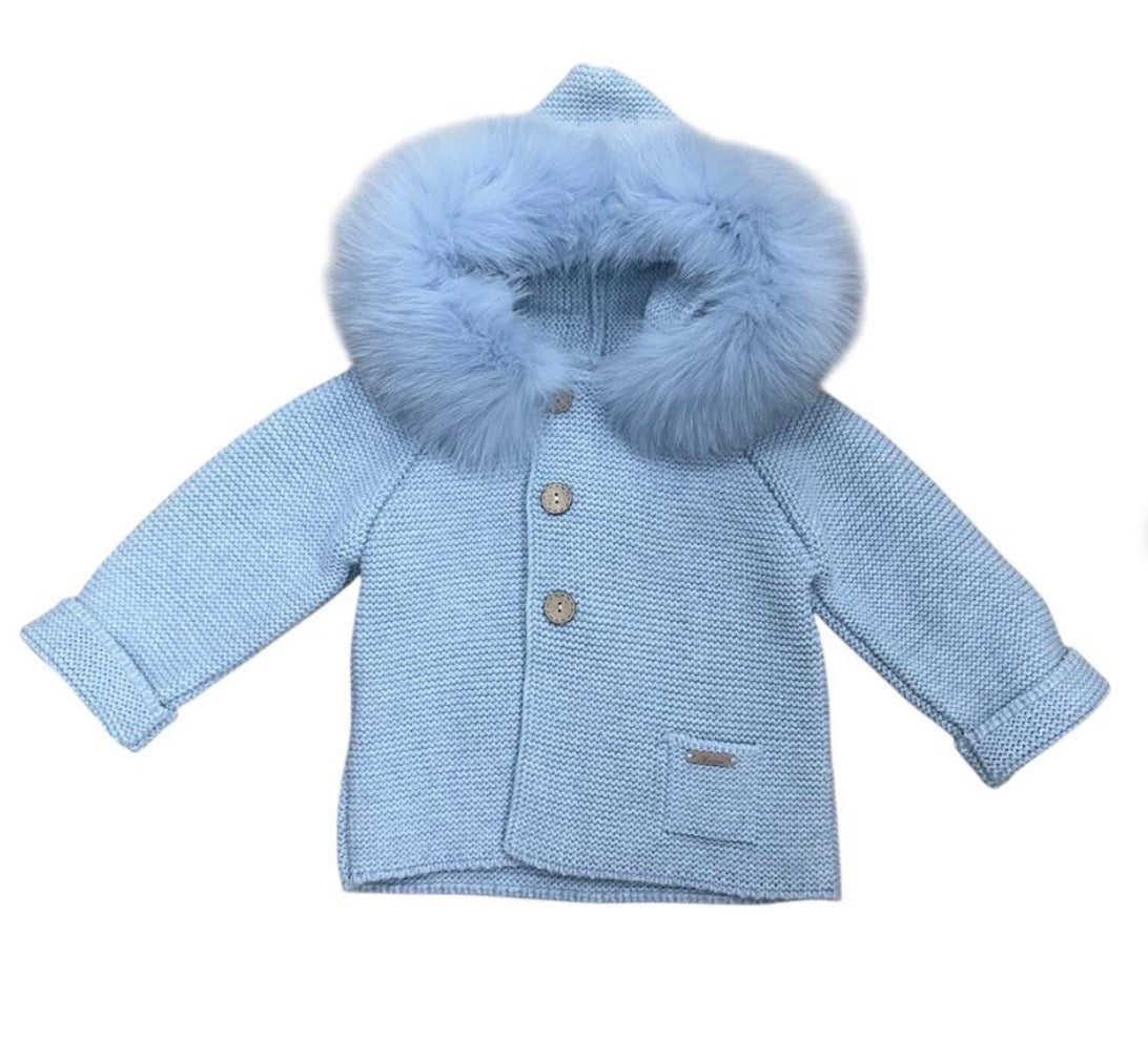 Martin Aranda Boys Knitted Blue Real Fur Hooded Coat