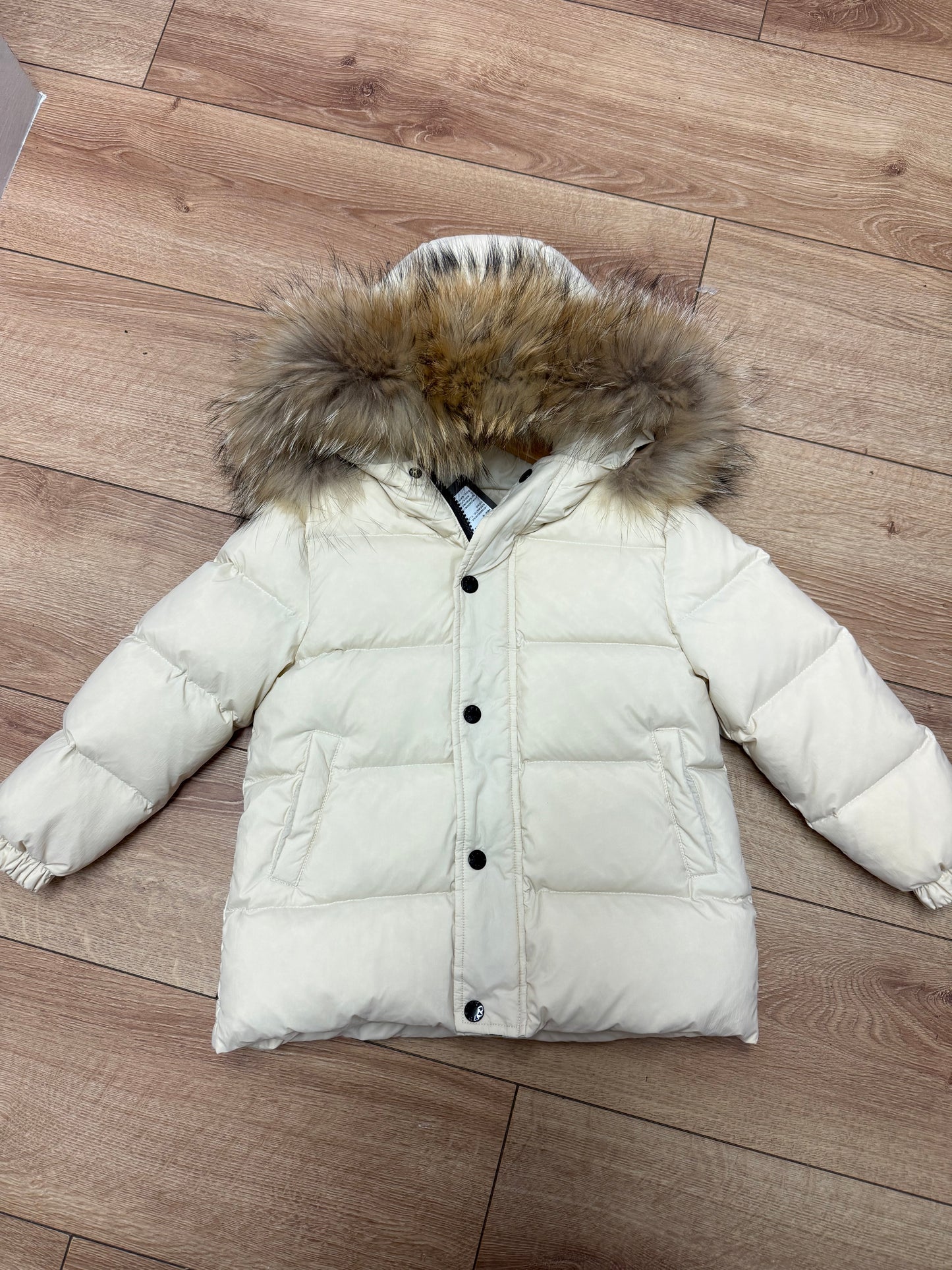 Beige coat natural raccoon fur trim