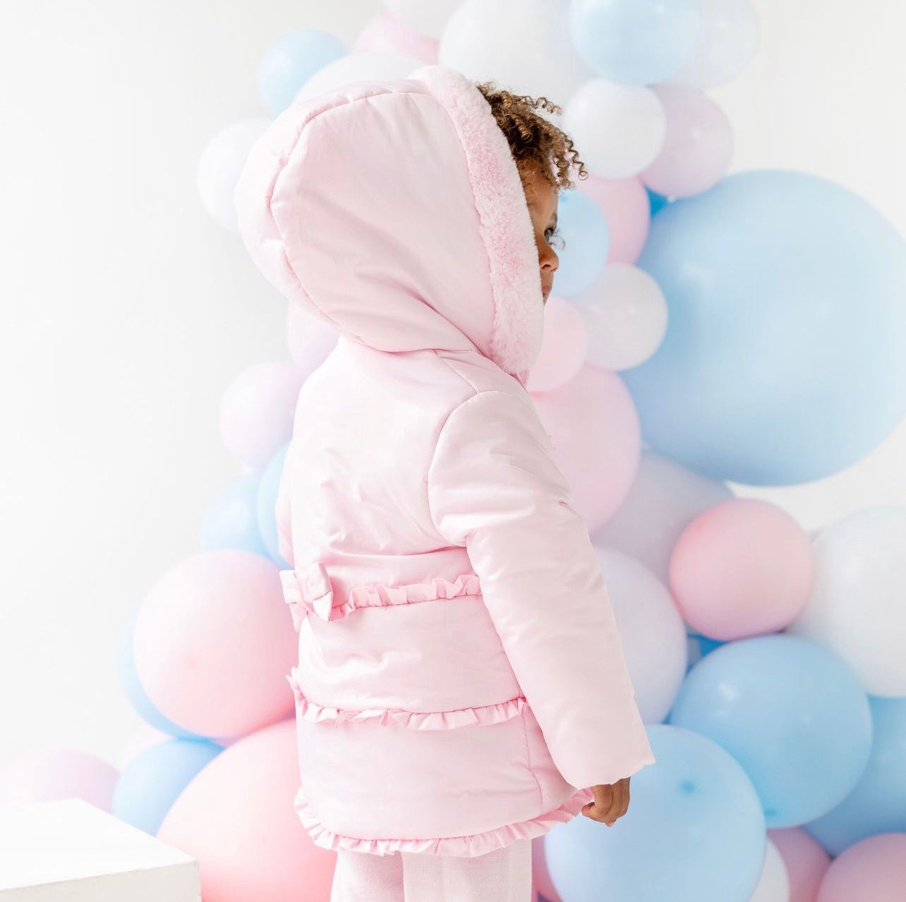 Blues Baby Girls Baby Pink Ruffles and Frills Jacket with fur hood