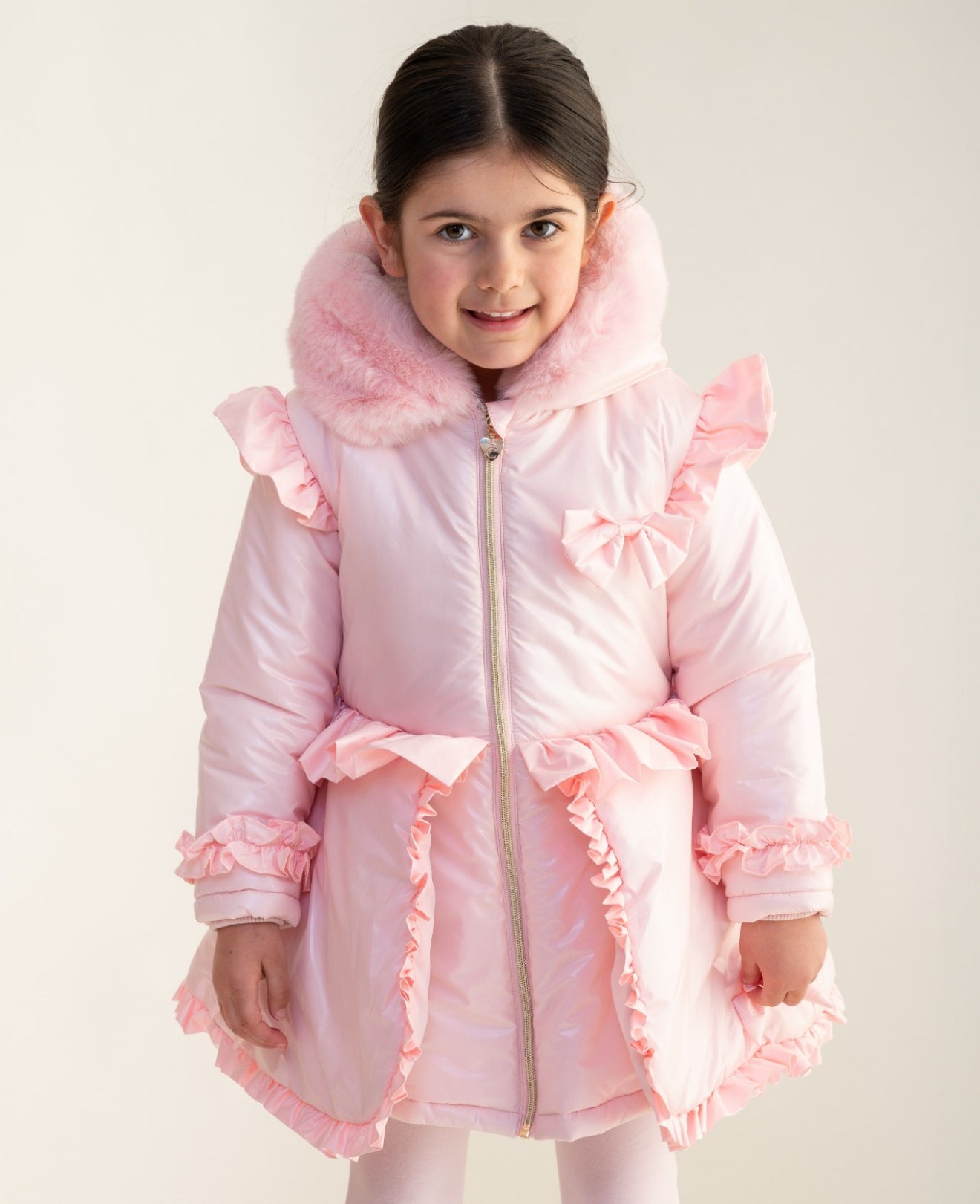 Caramelo Kids Pink Fur Trim Hood Peplum Coat