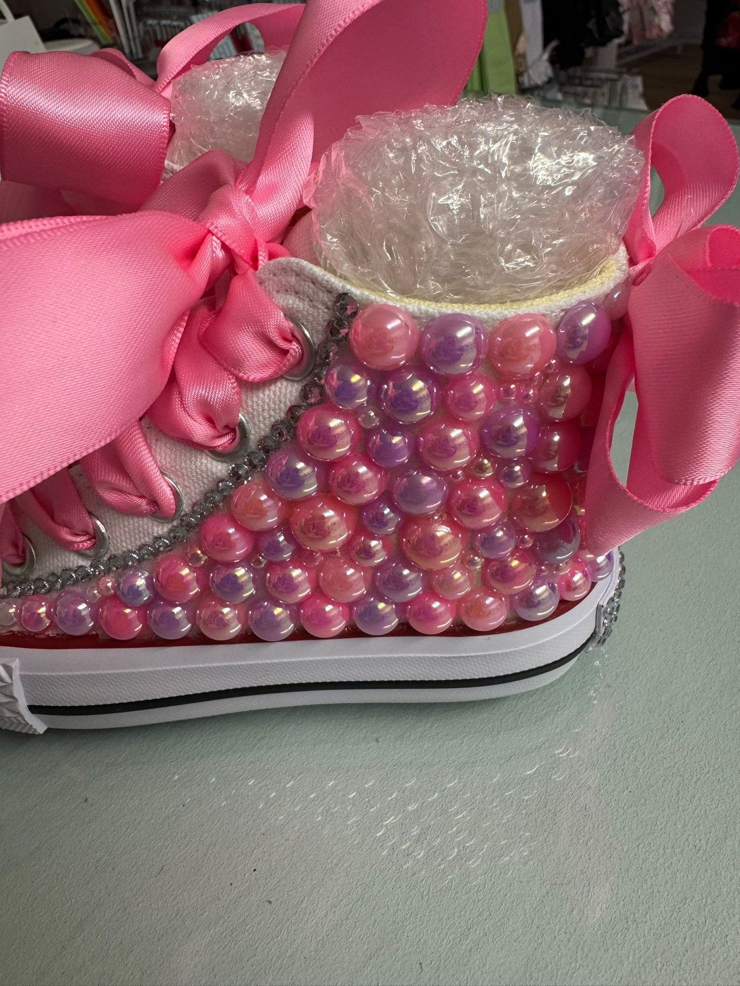 Dolly Bling Canvas Baseball Boots Baby Pink Bubble Pearls