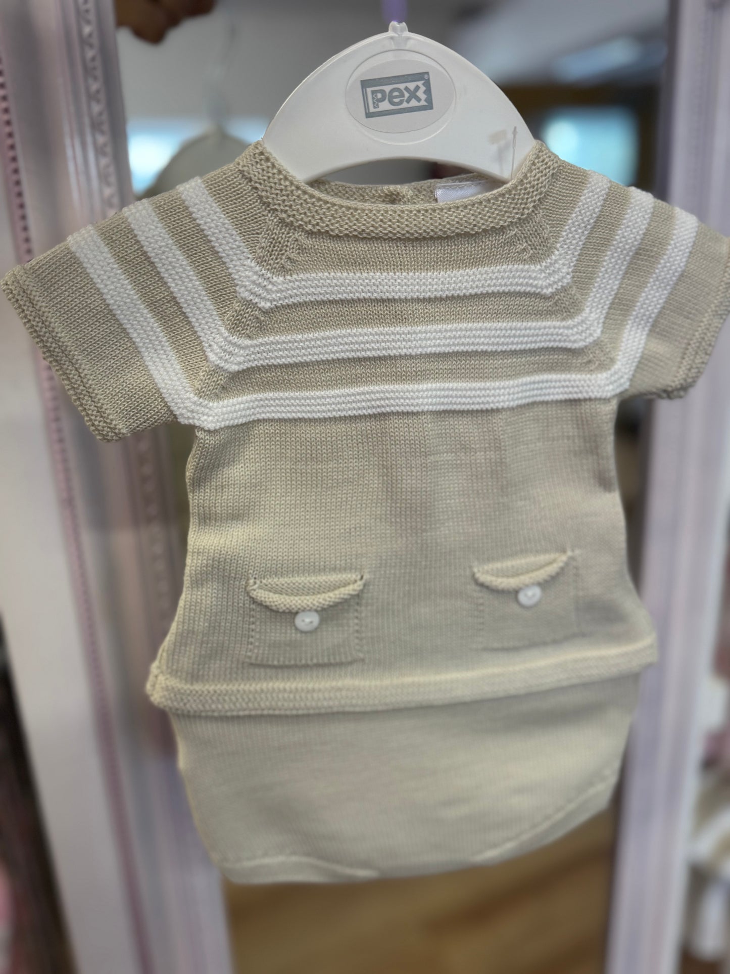 Natural/white knit shorts set with white striped yoke, chest pockets, Pex tag