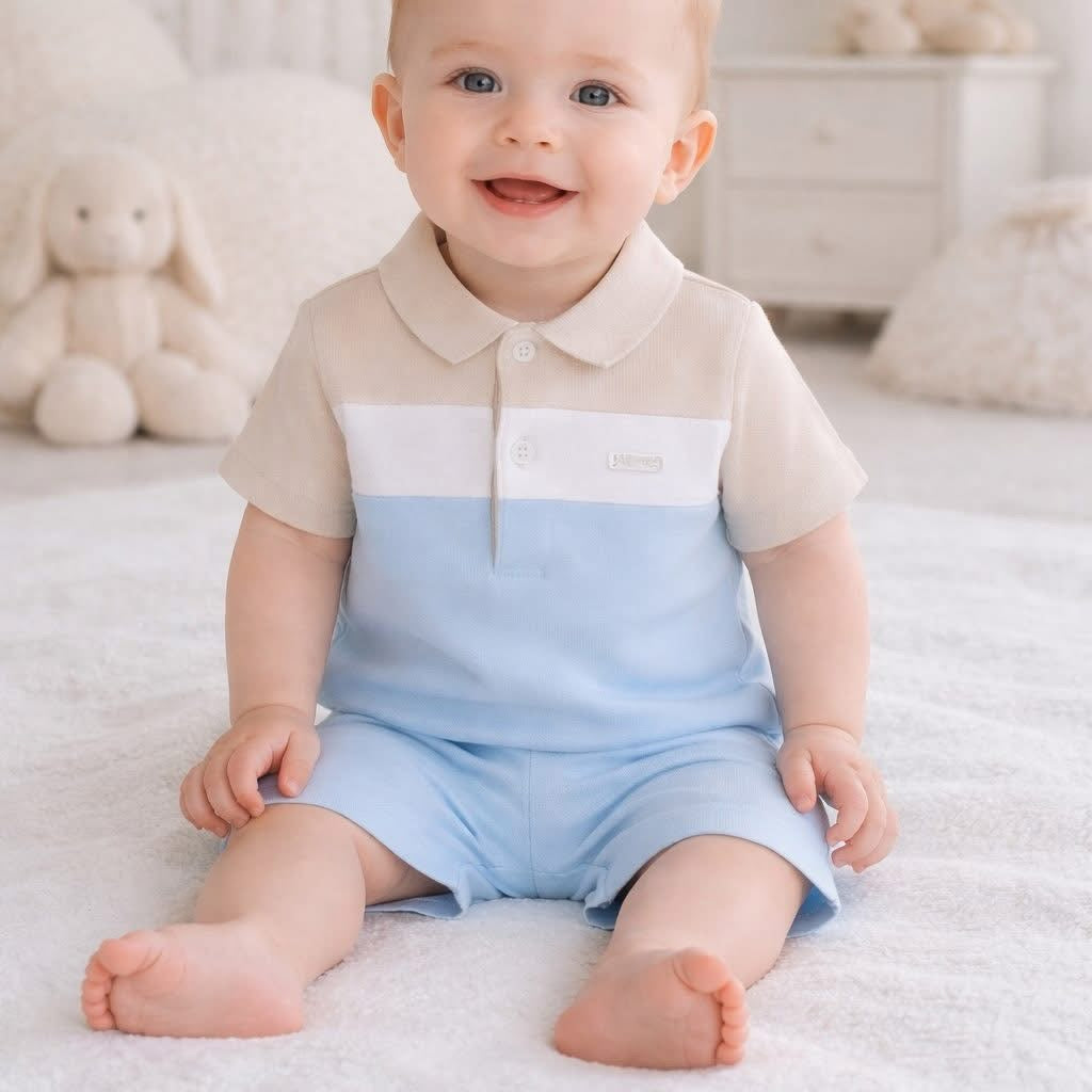 Amore Baby Boys Blue Beige Polo & Short Set