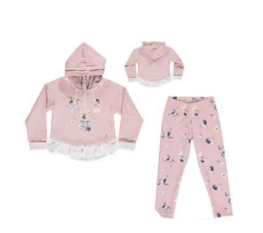 Pale pink hooded Jumper and leggings set with 3 different perfume bottles and flower designs, top has faux shirt detail with pink suede button.