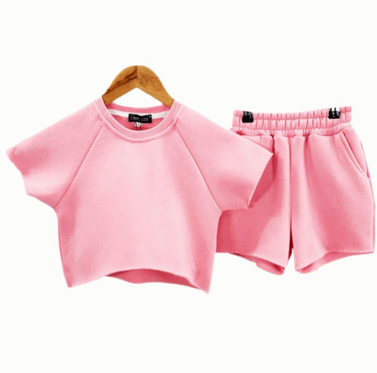 Girls Cropped T shirt & Sweat shorts Pink