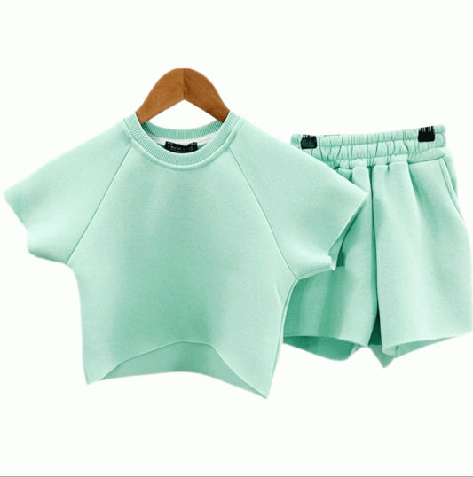 Girls Cropped T shirt & Sweat shorts Mint