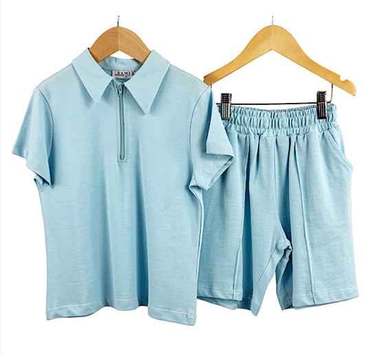 Boys Sky Blue Quarter Zip Polo T shirt and Shorts