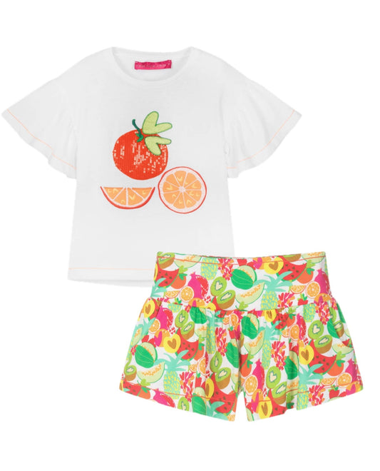 Agatha Ruiz de la Prada Girls Las Palmas Fruit Printed Shorts and White T shirt with Matching Fruit image