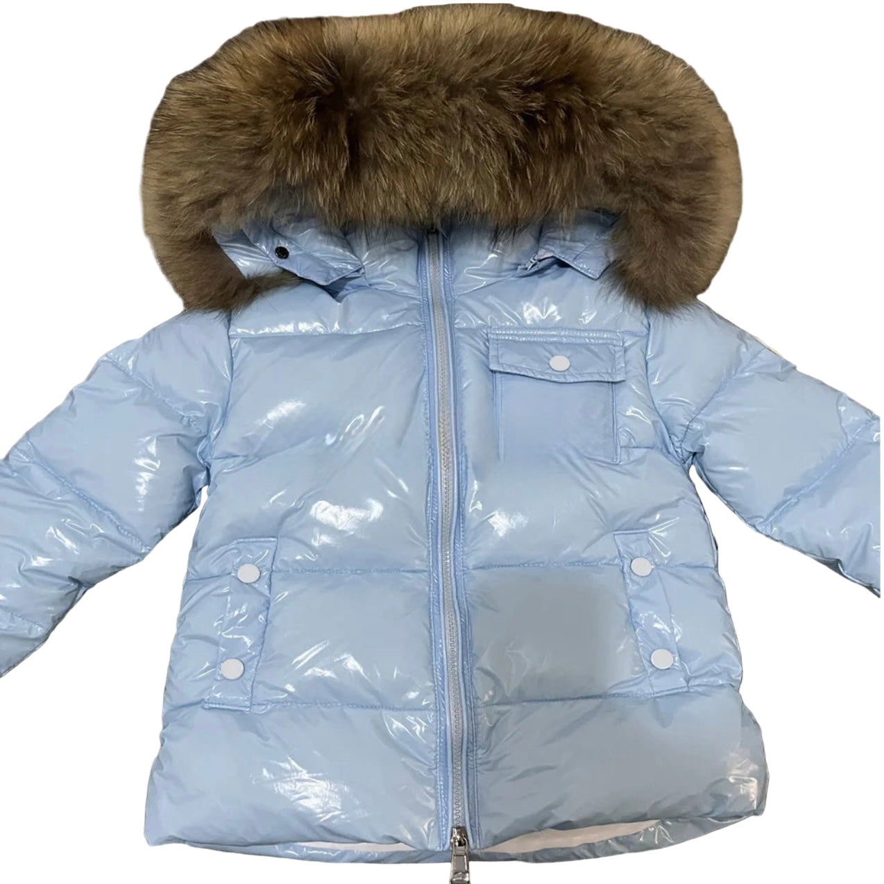 Winter Coat Sky Blue High Gloss finish Natural Racoon fur Hood
