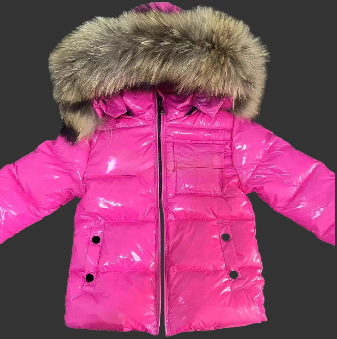 Winter Coat Fushia High Gloss finish Natural Racoon fur Hood