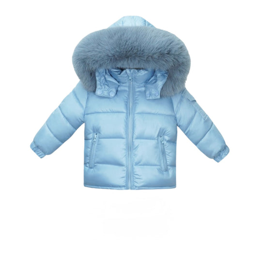 Airy Blue Coat with Blue Grey faux fur hood