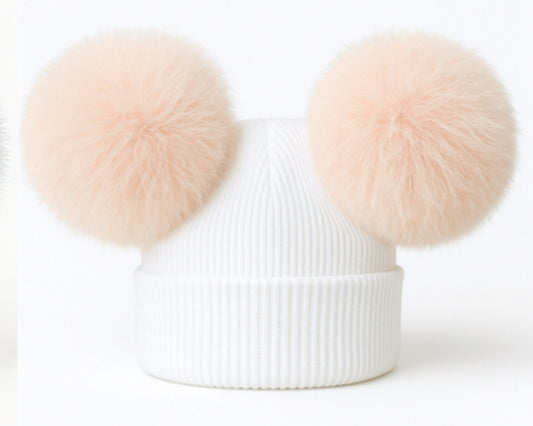 Double Pom Pom Hat White with Peach Poms