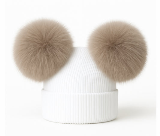 Double Pom Pom Hat White with Camel Poms