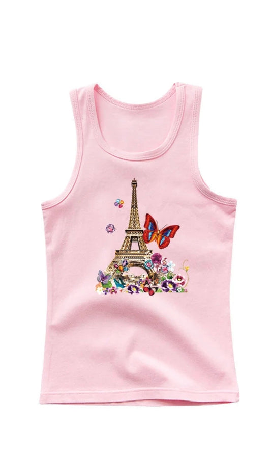 Girls Baby Pink Paris Motif Sleeveless Top